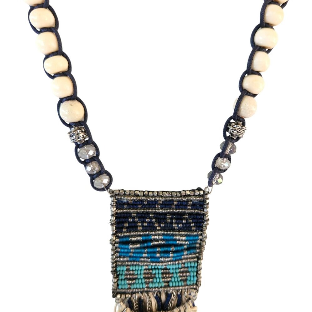 Chico's Boho Beaded Necklace Tassel Pendant Ethnic Wood Acrylic Cream Blue Green - Picture 7 of 11